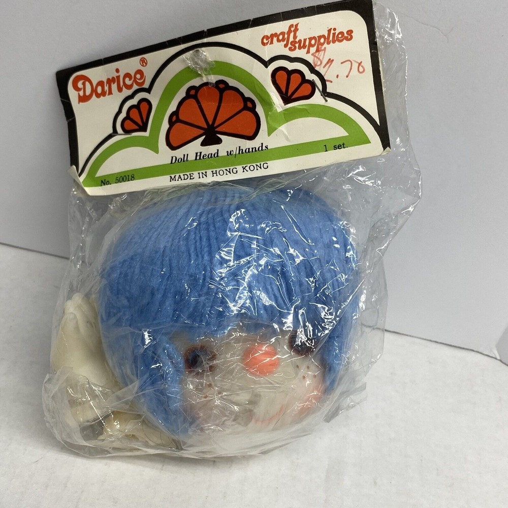 Vintage Darice Large Doll Head w/ Hands Blue Yarn Hair New Craft Supplies